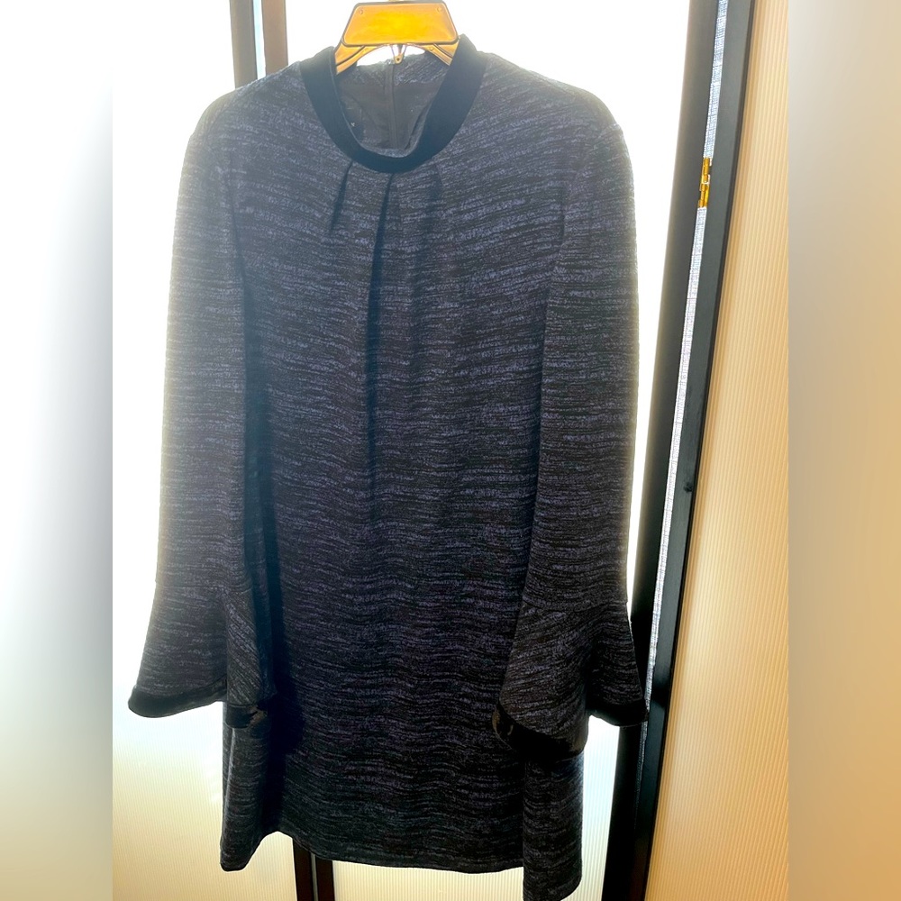 New, Neiman Marcus, Blue/Black Dress with velvet around bell sleeves and neck